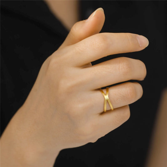 18k gold plated stainless steel criss cross ring. Hypo-allergenic, water proof, sweat proof, and tarnish free. Made for everyday wear.